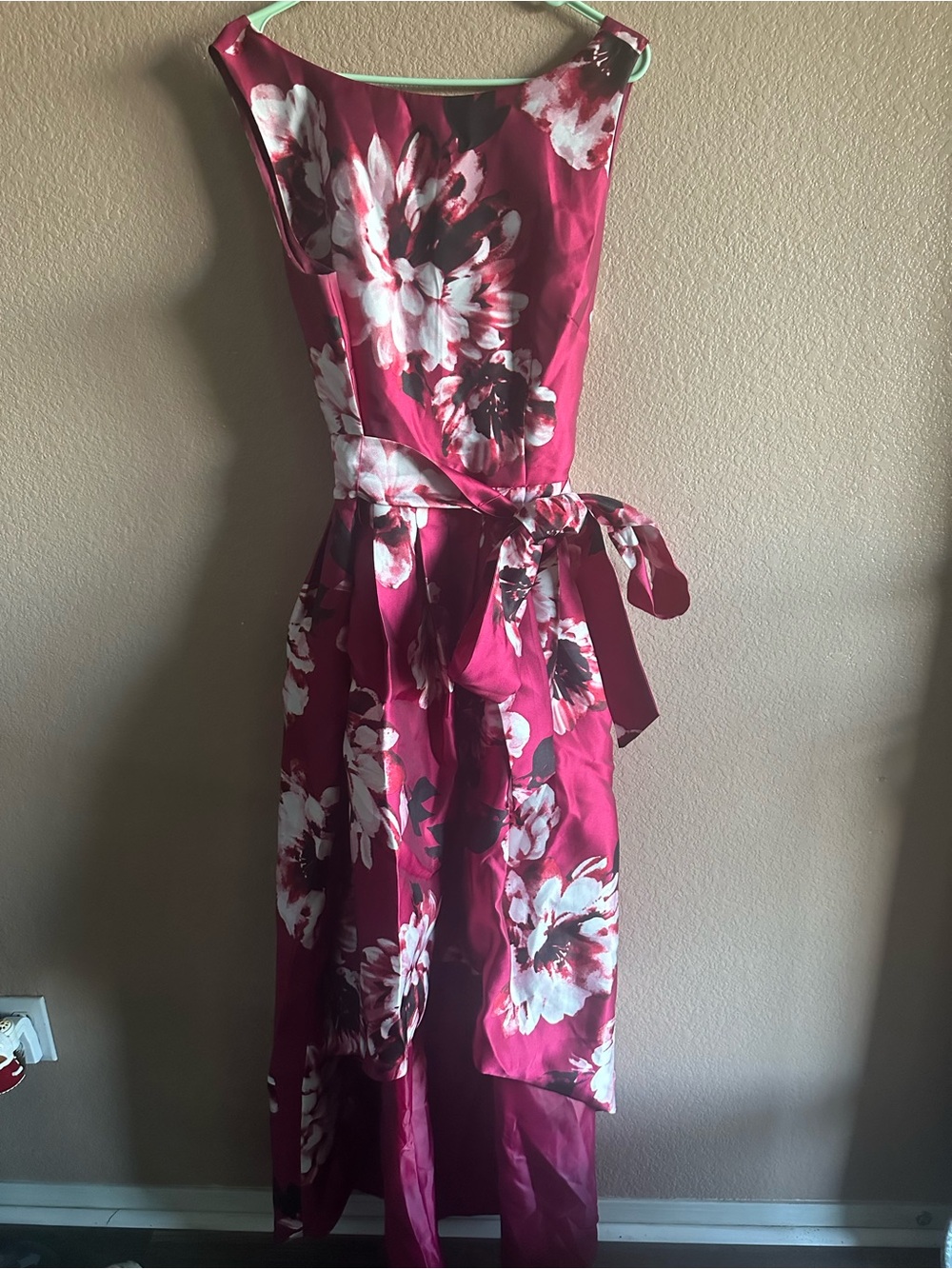 Tahari Magenta Floral High-Low Tie-Waist Dress with White Blooms
